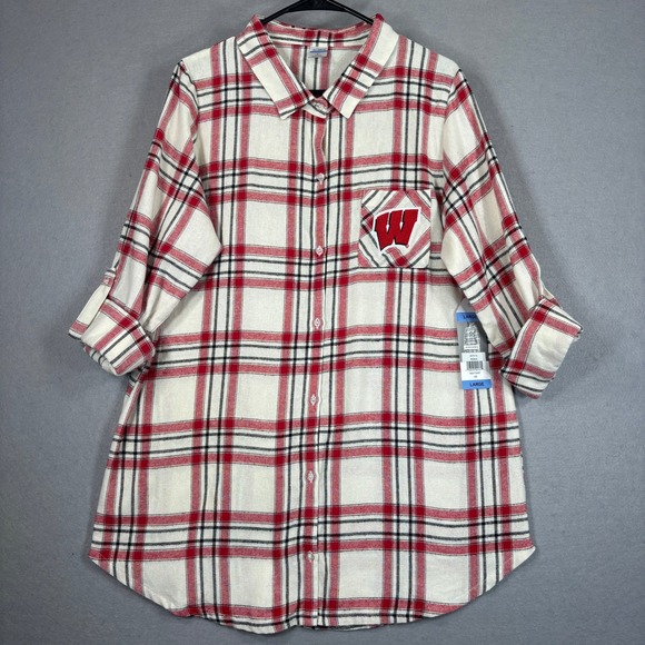 Liv Casual Other - Wisconsin Badgers Women's Plaid Nightshirt Red White Embroidered Large NEW